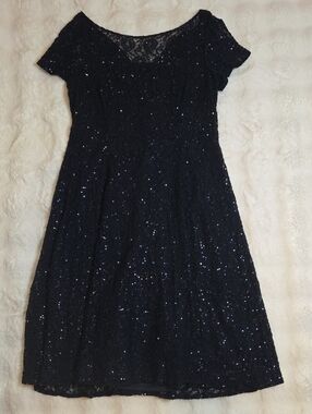 Women's Navy Sequin Lace Overlay Fit & Flare Dress